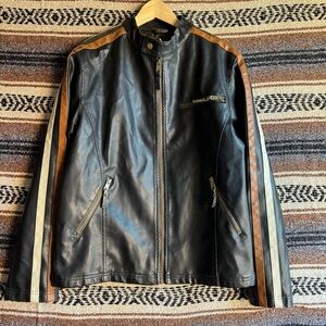 Arizona Jean Co Mens Faux Leather Moto Jacket Medium Black Brown Cream Racing